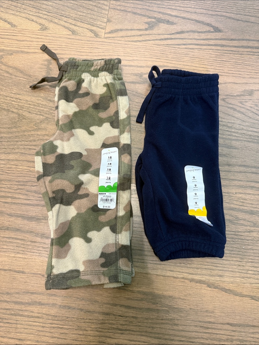 Two Camo & Navy Fleece pants 9 months 18 months